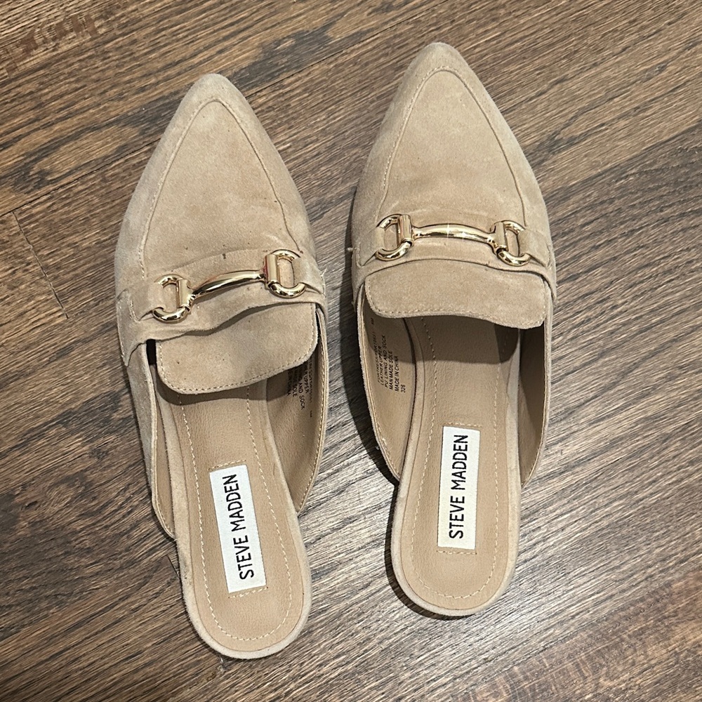 Steve Madden Beige Suede Mules with Gold Accent